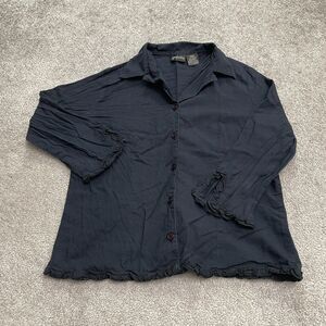 Granite Cotton Ruffle Button Down Blouse Womens Small Navy Blue Long Sleeve Top